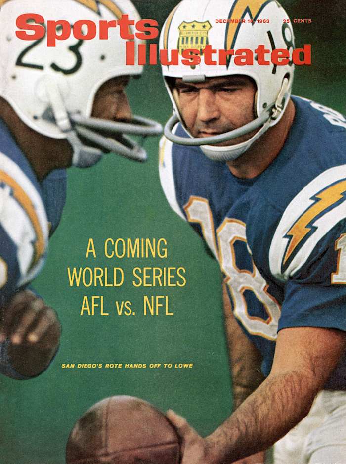 An old Sports Illustrated cover with Tobin Rote in action, making handoff to Paul Lowe
